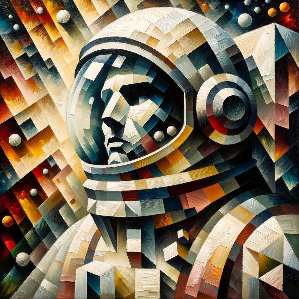 the discovery of gravity, painting, cubism style